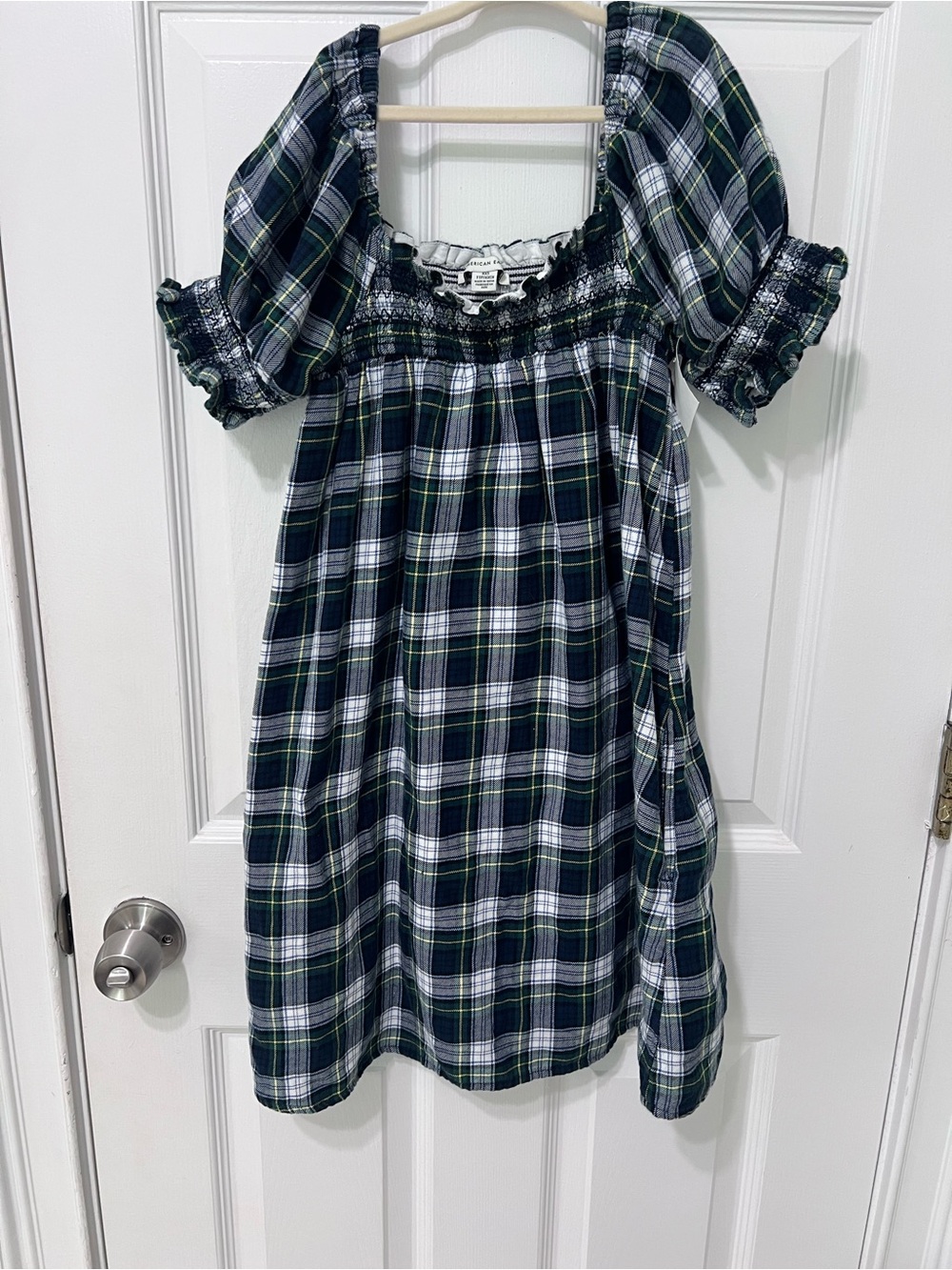 Plaid Puff-Sleeve Flannel Dress - Navy/Green